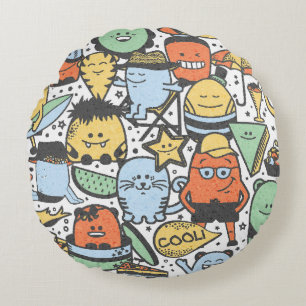 Summer monsters, colourful seamless pattern round cushion
