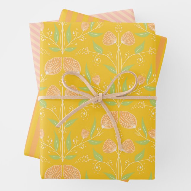 Summer Morning - Yellow and Peach Floral & Stripes Wrapping Paper Sheet (In situ)