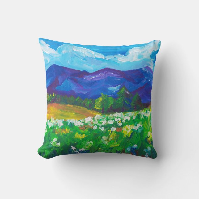 Summer Mountain Landscape Painting Cushion (Front)
