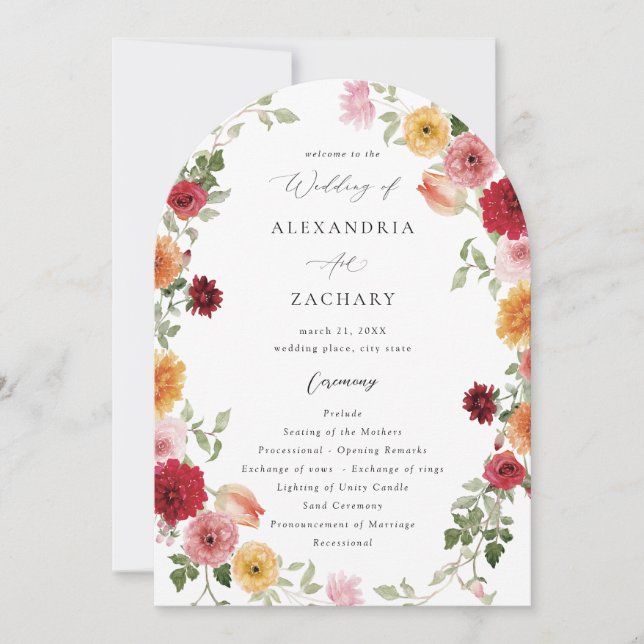Summer Multi Colour Floral Wedding Program 2- Arch Invitation (Front)