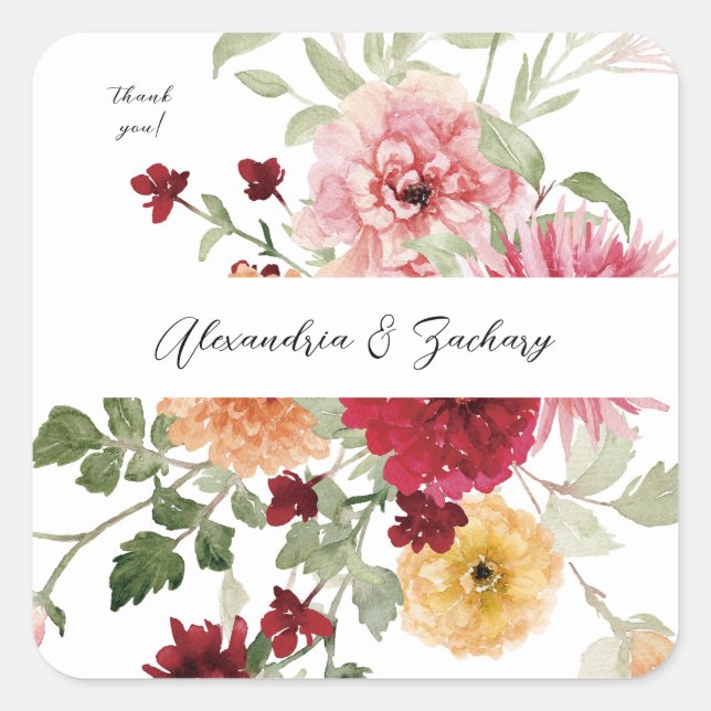 Summer Multi Colour Florals Thank You Square Sticker (Front)