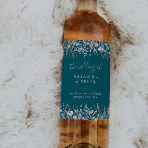 Summer Multicolor Wildflower Green Wedding  Wine Label