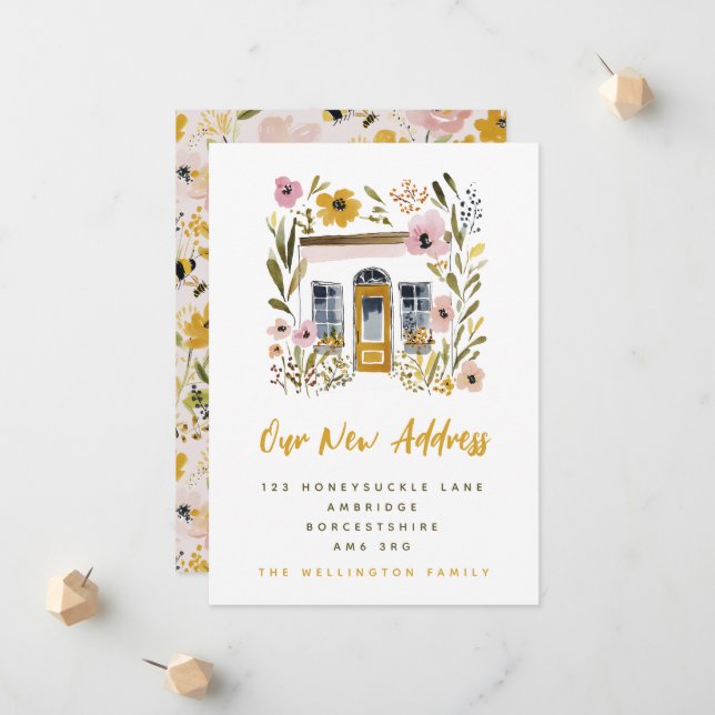 Summer Mustard Yellow & Pink Floral House Moving Announcement (Front/Back In Situ)