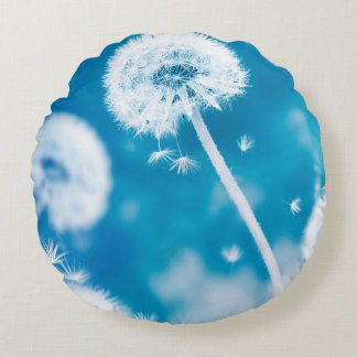 Summer natural floral background. White dandelions Round Cushion