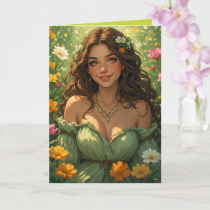 Summer Nature Goddess Nymph in Green Gown Flowers Card