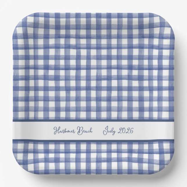Summer Nautical Blue Gingham, Chequered July 4th Paper Plate (Front)