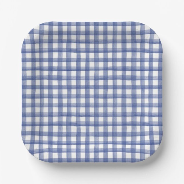 Summer Nautical Blue Gingham, Chequered July 4th Paper Plate (Front)