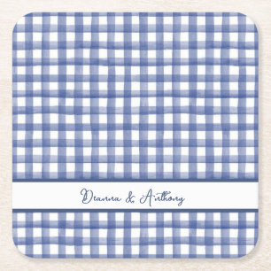 Summer Nautical Blue Gingham, Chequered July 4th Square Paper Coaster