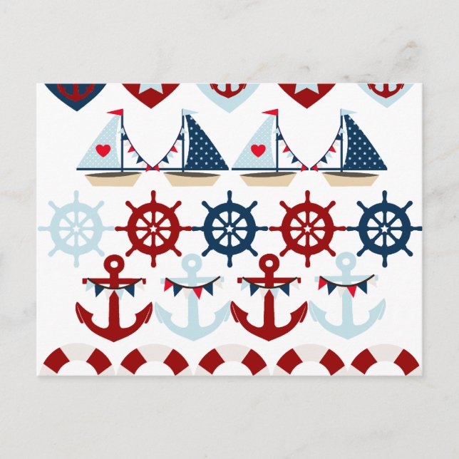 Summer Nautical Theme Anchors Sail Boats Helms Postcard (Front)