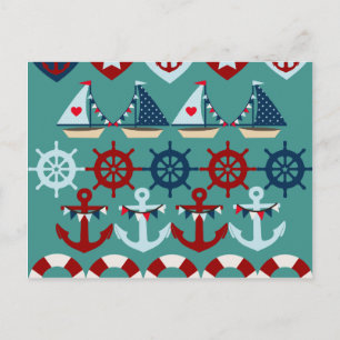 Summer Nautical Theme Anchors Sail Boats Helms Postcard