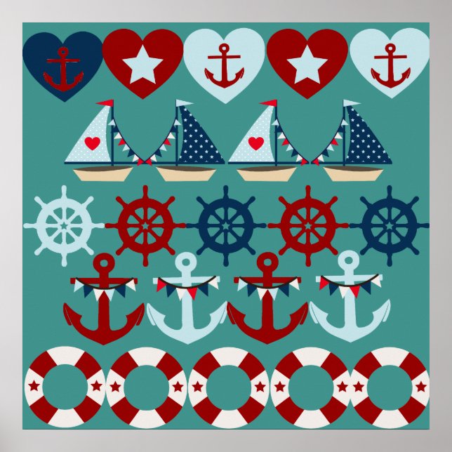 Summer Nautical Theme Anchors Sail Boats Helms Poster (Front)