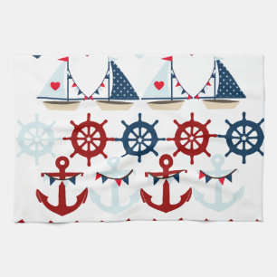 Summer Nautical Theme Anchors Sail Boats Helms Tea Towel