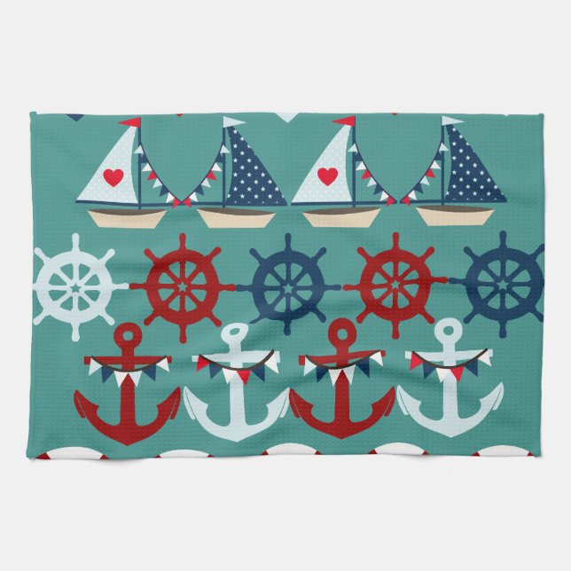 Summer Nautical Theme Anchors Sail Boats Helms Tea Towel (Horizontal)