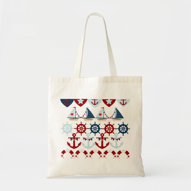 Summer Nautical Theme Anchors Sail Boats Helms Tote Bag (Front)
