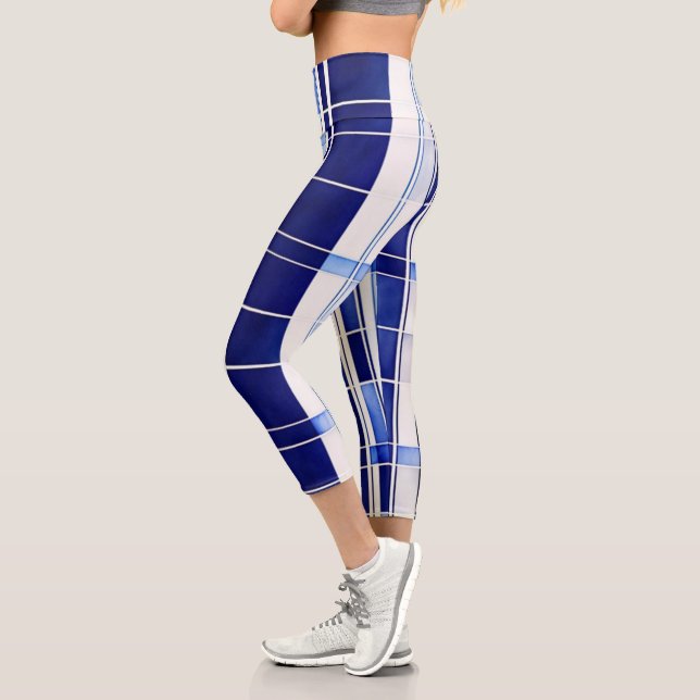 Summer Navy Blue Boat Modern Stripes Collection Capri Leggings (Left)