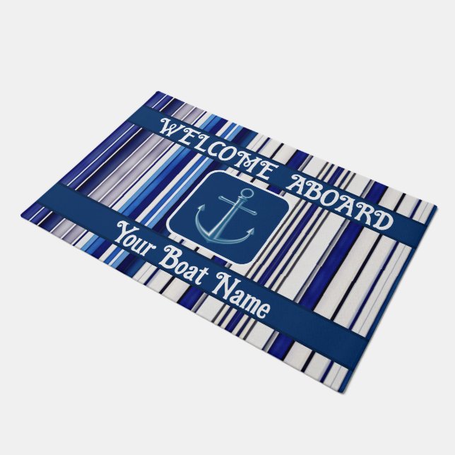 Summer Navy Blue Boat Trendy Stripes Collection Doormat (Angled)