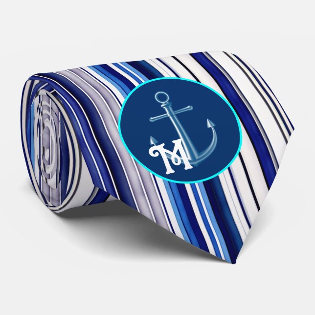 Summer Navy Blue Boat Trendy Stripes Collection Tie (Rolled)