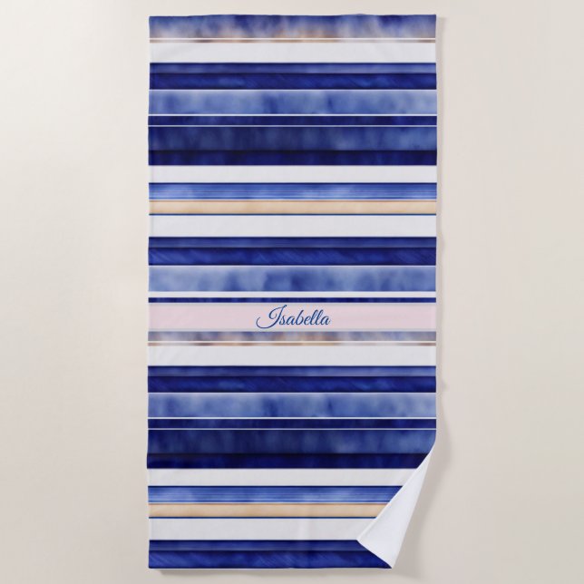 Summer Navy Blue Modern Boat Stripes Collection Beach Towel (Front)