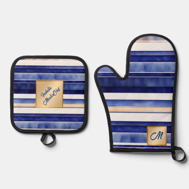 Summer Navy Blue Modern Boat Stripes Collection Oven Mitt & Pot Holder Set (Front)