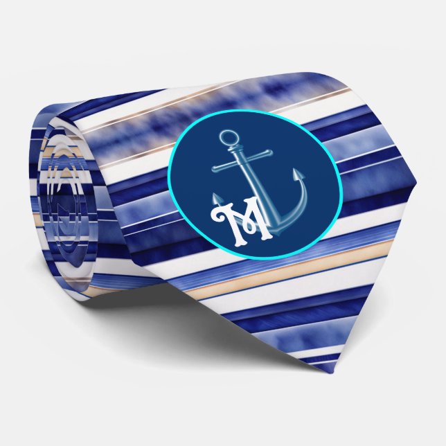 Summer Navy Blue Modern Boat Stripes Collection Tie (Rolled)