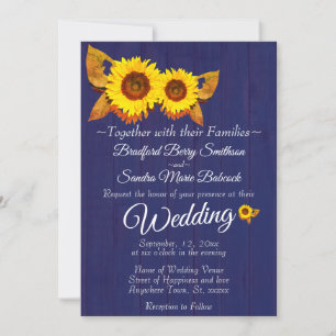 Summer Navy Blue Wood Sunflower s Rustic Wedding Invitation