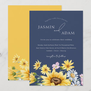 Summer Navy Blue Yellow Sunflowers Floral Wedding Invitation