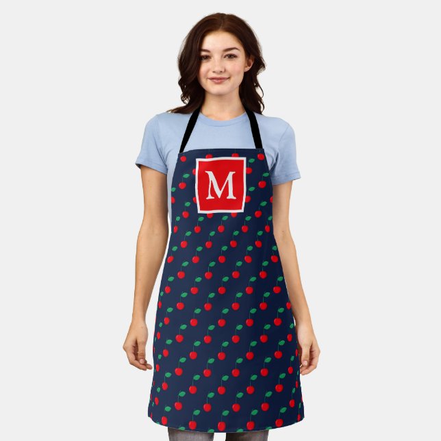 Summer Navy & Red Cherries Monogram Apron (Worn)