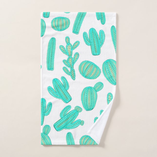 Summer Neon Teal Green Tropical Cactus Plants Hand Towel (Hand Towel)