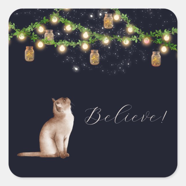Summer Night Cat Under Lanterns Square Sticker (Front)