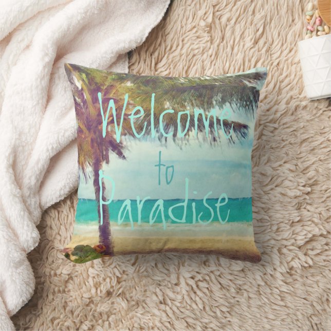 Summer Ocean Beach Palm Tree Watercolor Painting Cushion (Blanket)