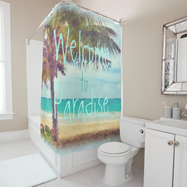 Summer Ocean Beach Palm Tree Watercolor Painting Shower Curtain (In Situ)