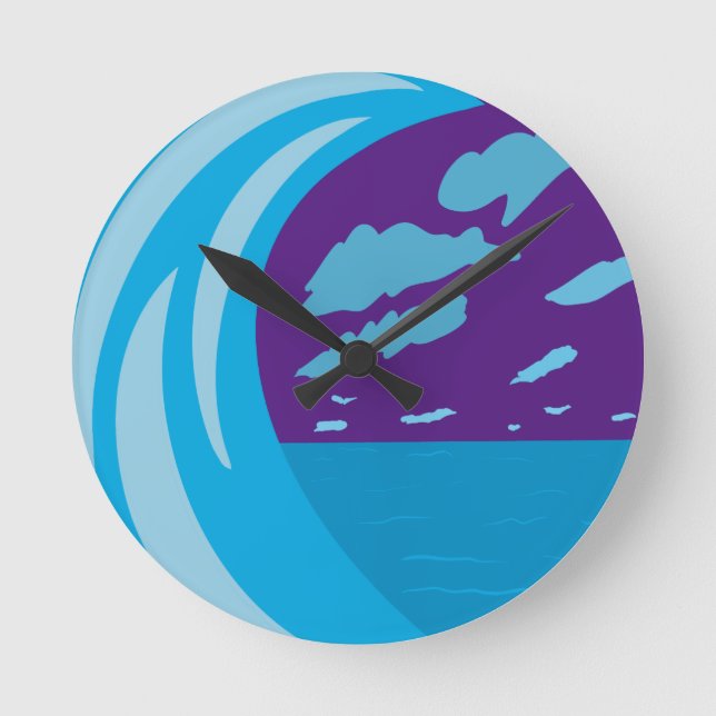 Summer Ocean blue Wave purple sky Round Clock (Front)