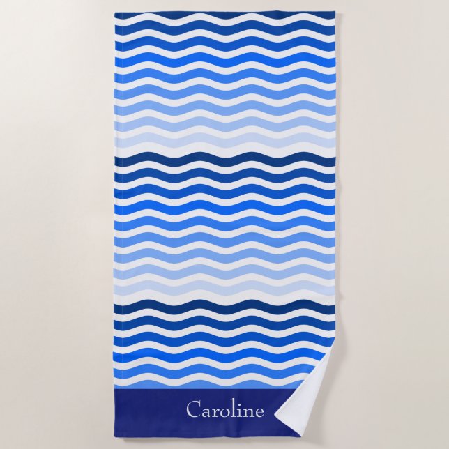 Summer Ocean Sea Waves Stripes Optional Name Words Beach Towel (Front)