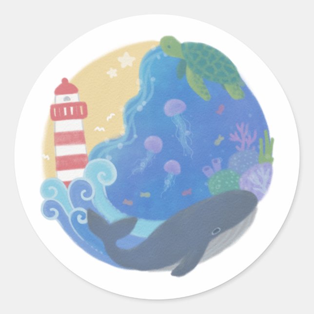 Summer Ocean Whale Turtle & Lighthouse Classic Round Sticker (Front)