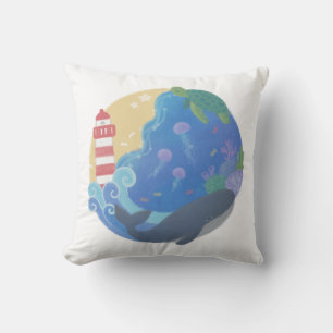 Summer Ocean Whale Turtle & Lighthouse Cushion