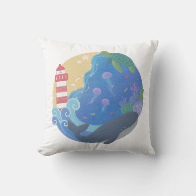 Summer Ocean Whale Turtle & Lighthouse Cushion (Front)