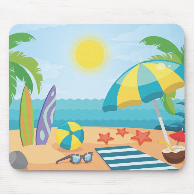 Summer on the Beach with Surf Boards & Palm Trees Mouse Mat (Front)