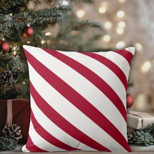Summer or Winter Red and White Diagonal Striped Cushion