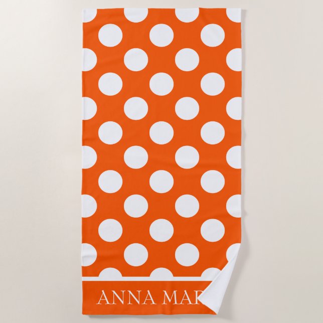 Summer Orange and White Polka Dot Personalised Beach Towel (Front)