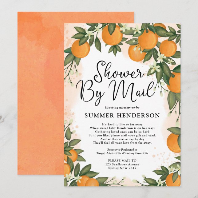 Summer Orange Citrus Greenery Baby Shower By Mail Invitation (Front/Back)