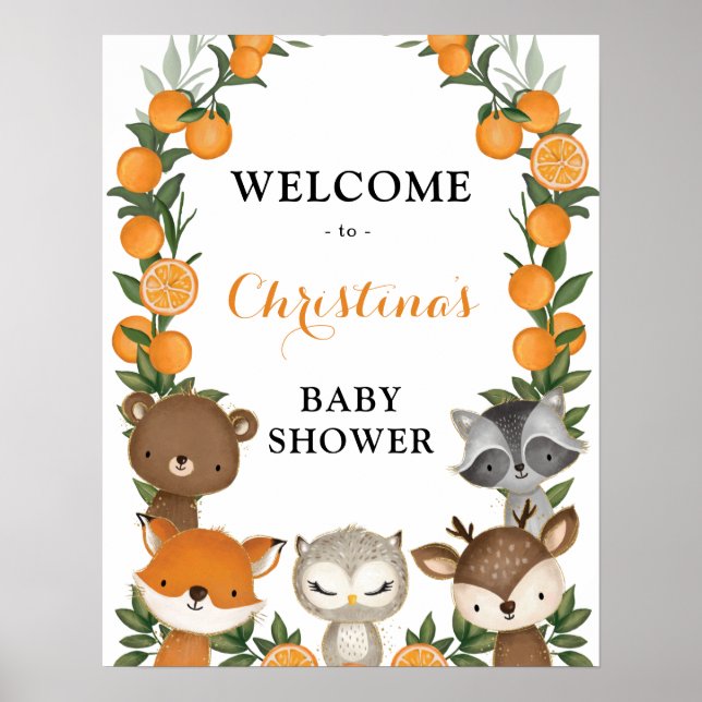 Summer Orange Citrus Woodland Baby Shower Welcome Poster (Front)