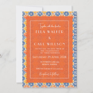 Summer Orange Floral Tile Pattern Wedding Invitation