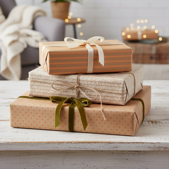 Summer Orange Lines On Faux Rustic Brown Kraft Wrapping Paper Sheet (Creator Uploaded)