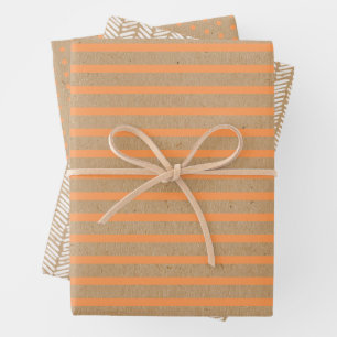 Summer Orange Lines On Faux Rustic Brown Kraft Wrapping Paper Sheet