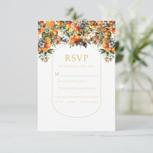 Summer Orange Wedding Rsvp with Meal Choice Card (Standing Front)