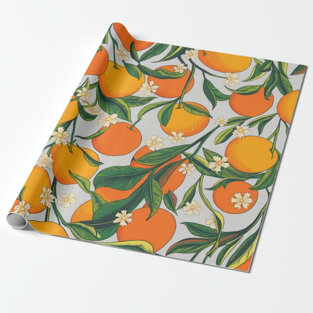 Summer Oranges Citrus Fruit Floral Pattern  Wrapping Paper (Unrolled)