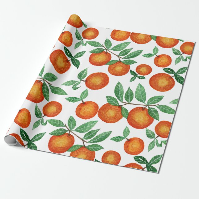 Summer Oranges Citrus Watercolor Fruit Pattern Wrapping Paper (Unrolled)