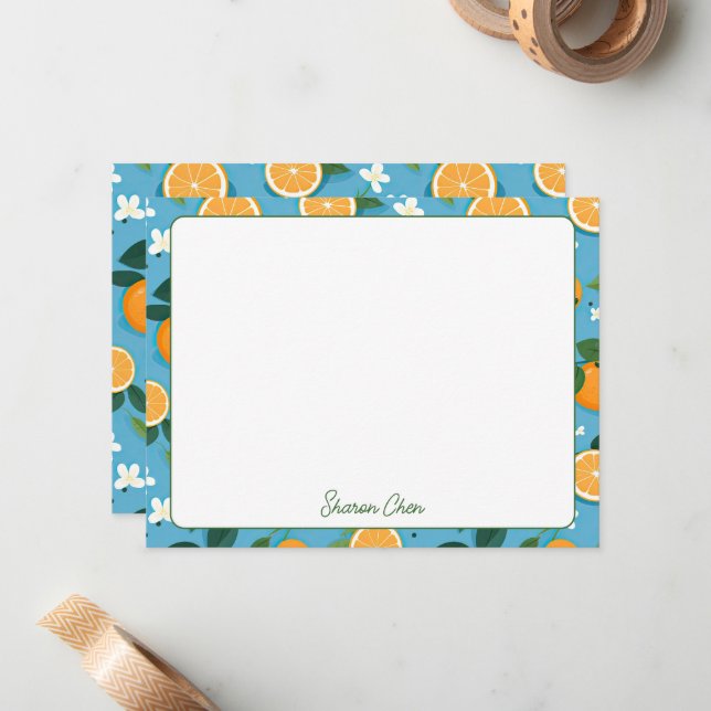Summer Oranges Custom Name Stationery Card (Front/Back In Situ)