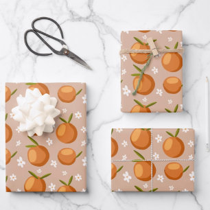 Summer Oranges Fruit little white flowers Pattern  Wrapping Paper Sheet
