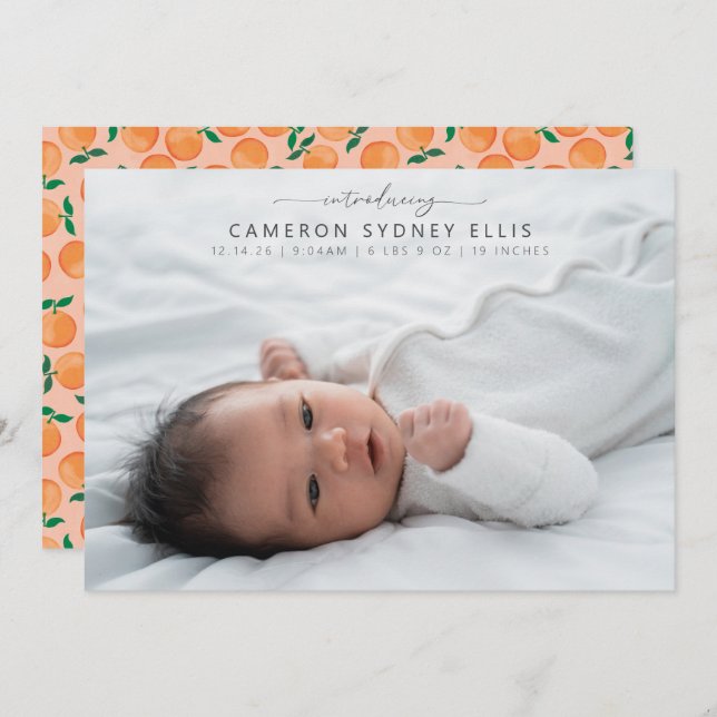 Summer Oranges Fruit Watercolor Baby Photo Birth  Announcement (Front/Back)